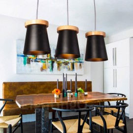 3 moderne Pendelleuchten im nordischen Stil aus hellem Holz mit Eisenschirm für Wohnzimmer Esszimmer Arbeitszimmer Schlafzimmer Bar